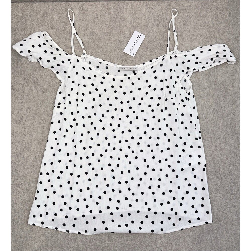 LCW Casual Women’s Off The Shoulder Strappy Top Black White Polka Dots NWT Large